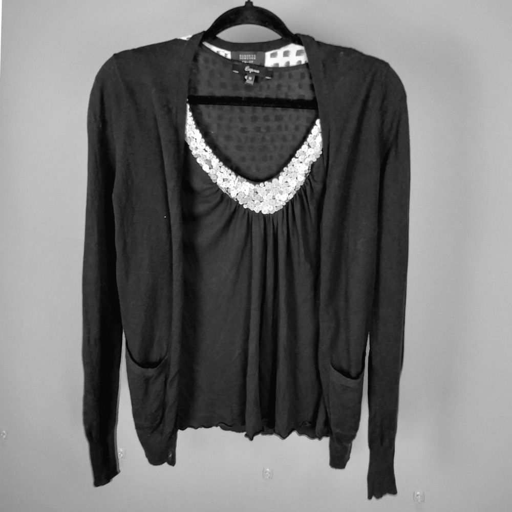 Barneys New York Cotton Modal Cardigan Express Sequin Top Black Set‎